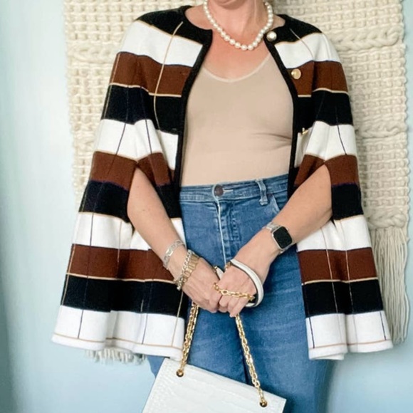 Vintage Jackets & Blazers - Vintage Plaid Stripe Button Down Knit Cape/Poncho